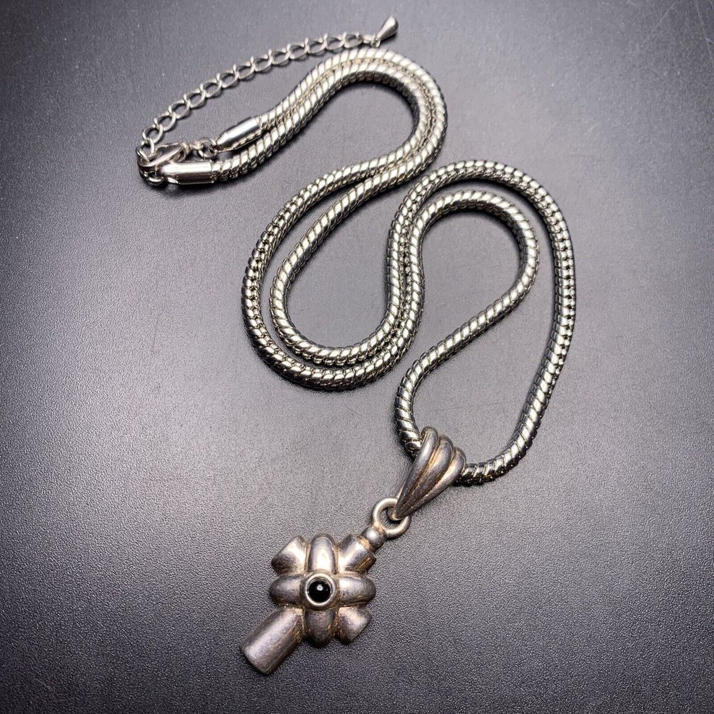 Premier Designs Cross Pendant Necklace Silver Tone Black Slinky Snake Chain